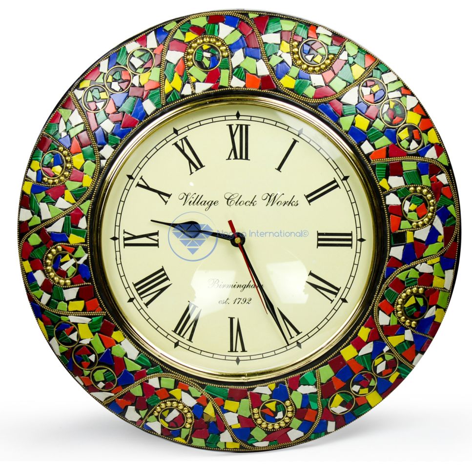 Nagina International Colorful Marble Chunks Embedded Premium Handmade Nautical Time's Wall Decor Clock (Android Green)