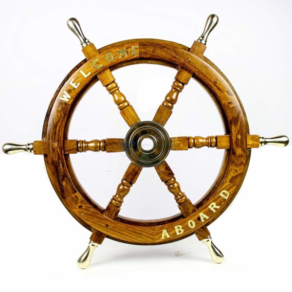 Nagina International Welcome Aboard Embedded Premium Handcrafted Nautical Pirate's Wall Decor Ship Wheel (Brass Handle)