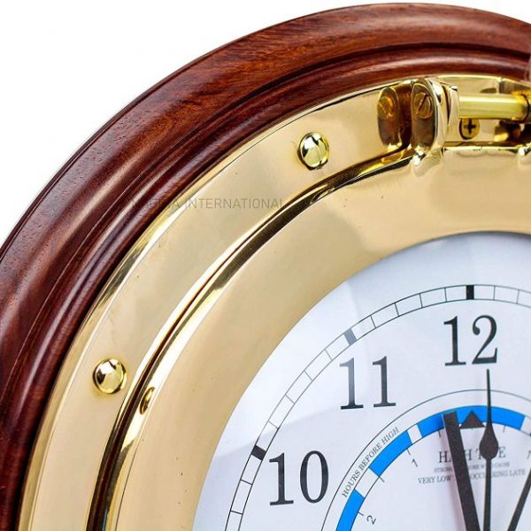 Nagina International Nautical Time Tide Clock On Premium Wooden Base - Polished Brass Porthole Wall Hanging Decor