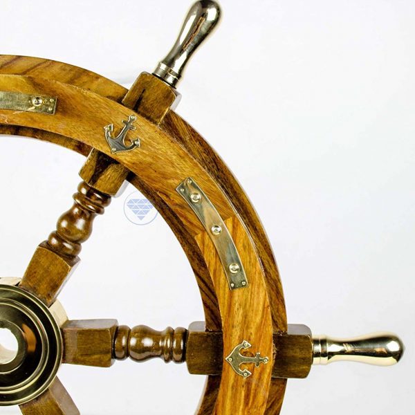 Nagina International Nautical Premium Sailor's Hand Crafted Brass & Wooden Ship Wheel | Luxury Gift Decor | Boat Collectibles (16 Inches, Anchor & Strips with Brass Handles)
