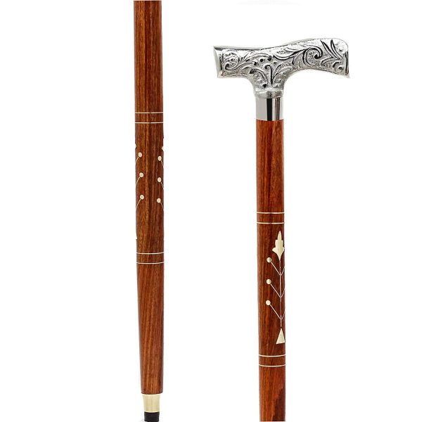 Premium Chromed Deluxe Walking Sticks | Rosewood Crafted Walking Cane with Solid Brass Chrome Decorative Bars | Walking Canes & Crutches | Nagina International (Deco Bar)