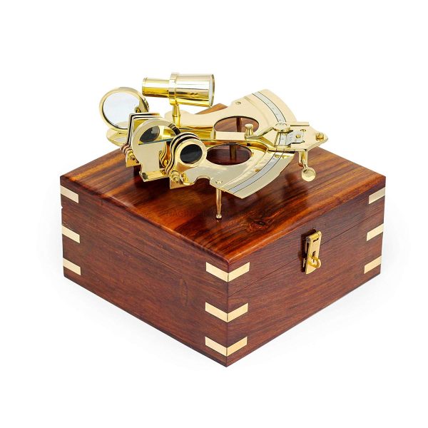 Nagina International Nautical Pirate's Maritime Astronomical Brass Sextant with Decorative Anchor Inlaid Rosewood Storage Wooden Box | Exclusive Decor Gifts (Antique Brass)