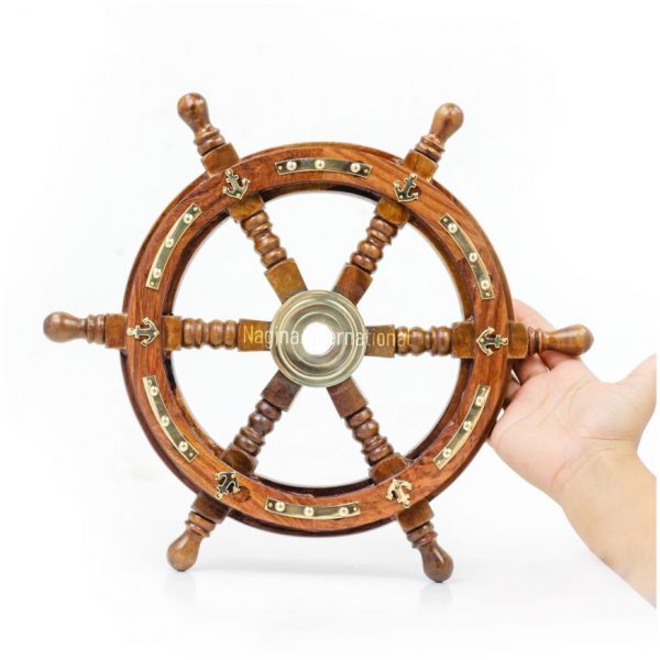 Nagina International Nautical Premium Sailor's Hand Crafted Brass & Wooden Ship Wheel | Luxury Gift Decor | Boat Collectibles (Anchor & Strip)