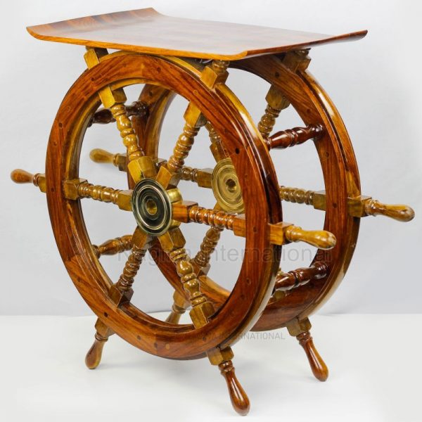 Nagina International Wooden Ship Wheel Home Decor Table | Pirate's Antique Brass Hub Motiff