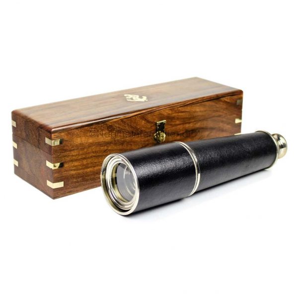 32" Solid Antique Black Brass Spyglass With Genuine Rosewood Decorative Anchor Inlaid Storing Case
