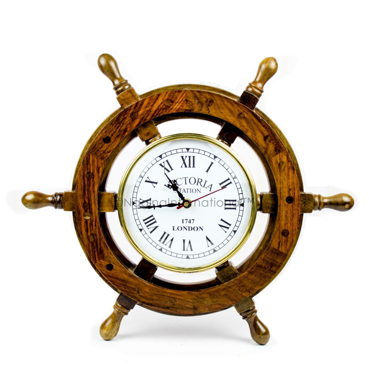16" Hand Crafted Wooden Ship Wheel with 6" Wall Decor Premium Vintage Roman Dial Time's Clock | Maritime Decorative Exclusive Wall Decor Clock | Nagina International