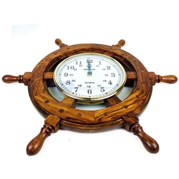 Nagina International 16" Handcrafted Nautical Ship Wheel with 6" Arabic Numeral Dial Face Time's Clock | Maritime Wall Decor Clock