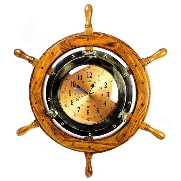 Nagina International 24" Exclusive Pirate's Nautical Ship's Steering Wheel Styled Porthole Clock | Lavish Wall Decor Gifts & Collectible