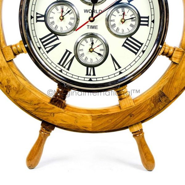 Nagina International 36" Premium Mahogany Crafted Large Nautical Ship's Wheel Times World Clock | Nautical Home Decor & Gifts
