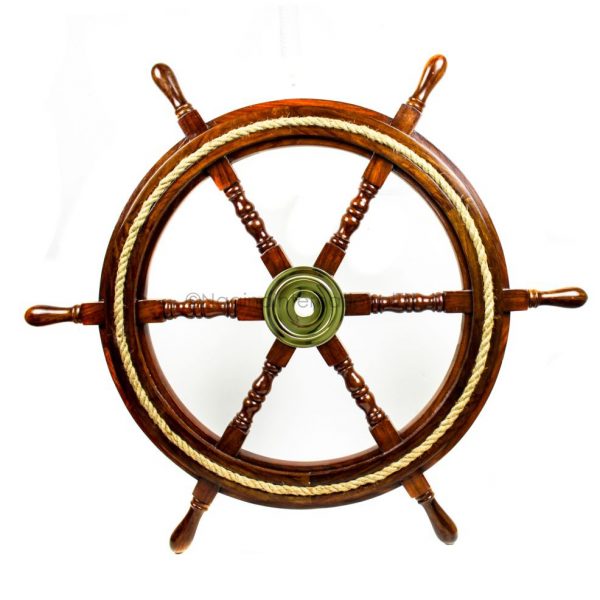Nagina International Nautical Wood Crafted Ship Wheel with Inlayed Pirate's Rustic Rope | Ocean Maritime Navy Decor