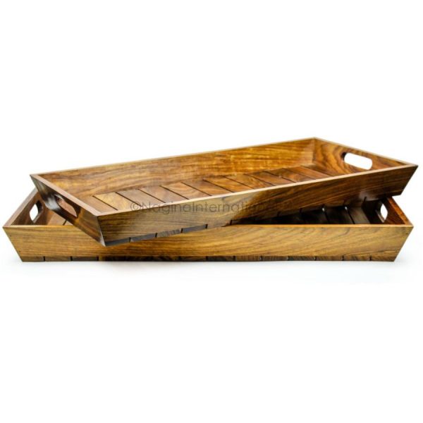 Large Solid Handcrafted Sturdy Tray Set of 2 | Coffee Tea & Breakfast Dinner Trays | Crates & Platters
