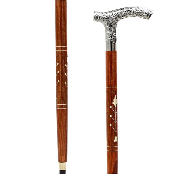 Premium Chromed Deluxe Walking Sticks | Rosewood Crafted Walking Cane with Solid Brass Chrome Decorative Bars | Walking Canes & Crutches | Nagina International (Starry Bar)
