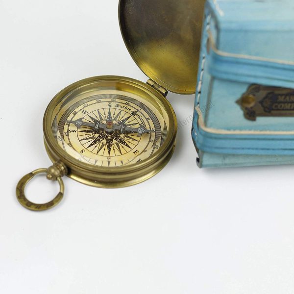 Nagina International, ''Robert Frost Poem'' Engraved Brass Compass with Embossed Needle & with Leather Case. C-3241
