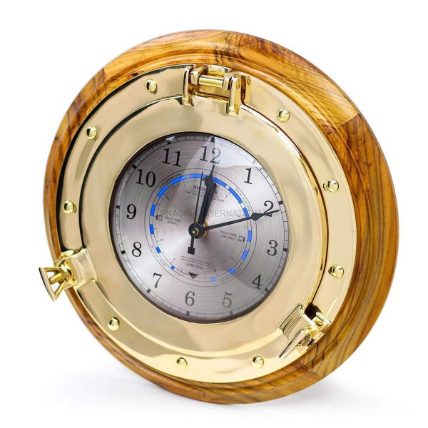 Nagina International Mahogany Maritime Authentic Wood Brass Porthole Fitted Nautical Tide Clock & Time Clock with Takane Tide Motor | Weather Clock Station