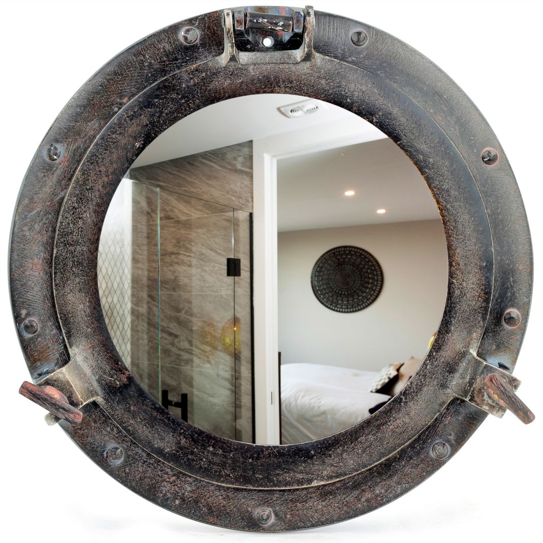 Rustic Dark Black Patina Porthole | Vintage Ship Decor Mirror | Pirate Gift | Black Chick Stylish Old Fashioned Wall & Door Fixtures Windows (Reflective Mirror)