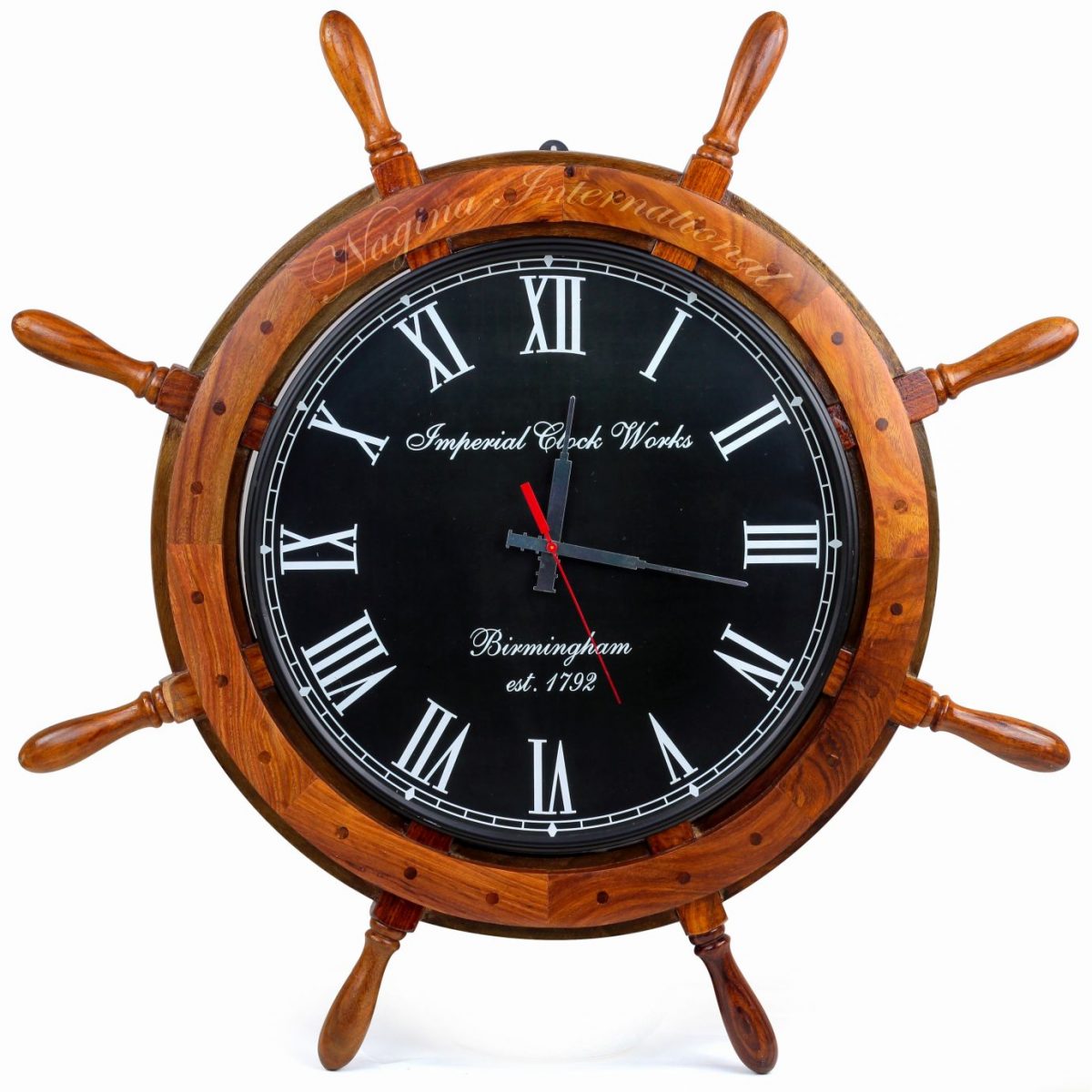 30" Nautical Ship Wheel Black Dial Imperial Clock Works (Birmingham) | Vintage Colonial Style Wall Hanging Decor & Clock | Ocean Gifts Ideas | Nagina International