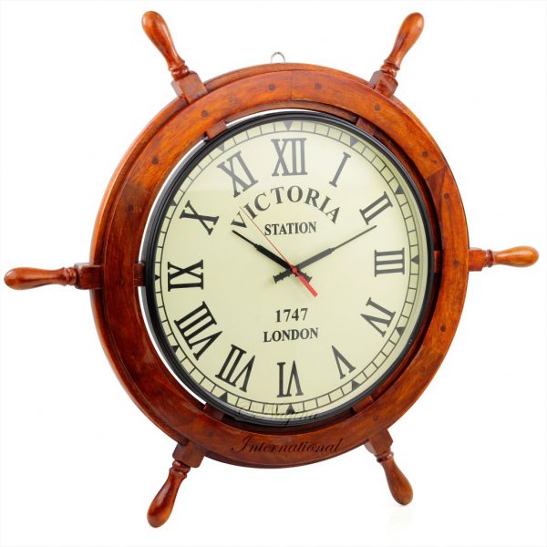 30" Nautical Ship Wheel Cardamom Green Dial Victoria Station 1747 London | Vintage Colonial Style Wall Hanging Decor & Clock | Ocean Gifts Ideas | Nagina International