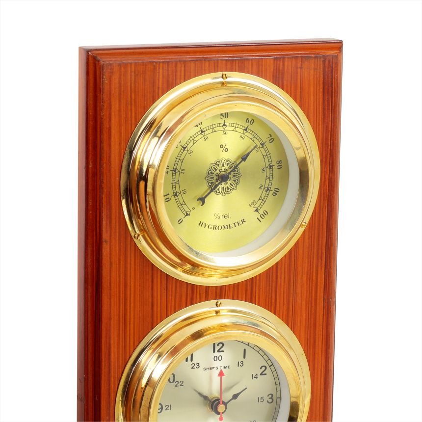 Rectangular Weather Station On Wooden Antique Finish Base (3 In 1