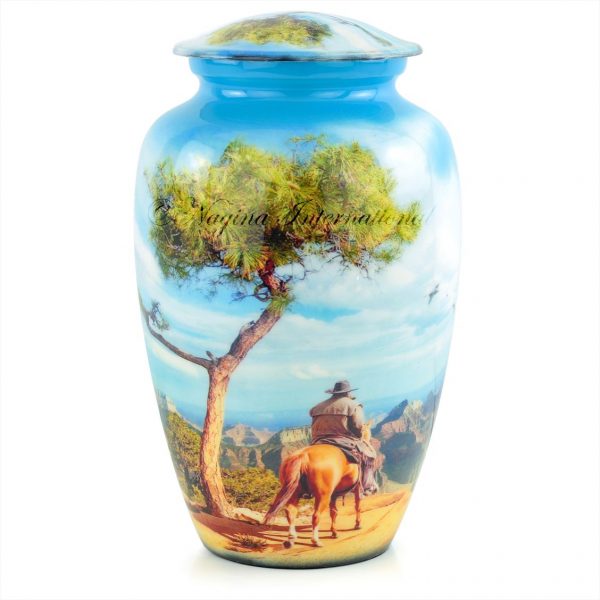 10" Large Metal Classic Cremation Beautiful Printed Urns (Western Cowboy Blue)