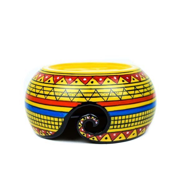 Ceramic Attractively Hand Painted Gorgeous Stoneware Yarn Ball Storage Bowl with Innovative Dispensing Curl | Knitting & Crochet Accessions | Nagina International (African Yellow)