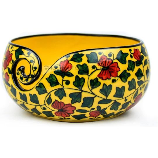 Ceramic Attractively Hand Painted Gorgeous Stoneware Yarn Ball Storage Bowl with Innovative Dispensing Curl | Knitting & Crochet Accessions | Nagina International (Yellow Shrubs)