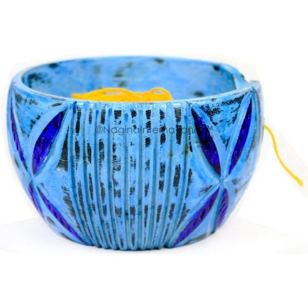 Nagina International Exquisite Premium Yarn Ball Storage Bowls | Hand Painted Lovely Decor Yet Functional Yarn Dispenser (Frozen Blue)