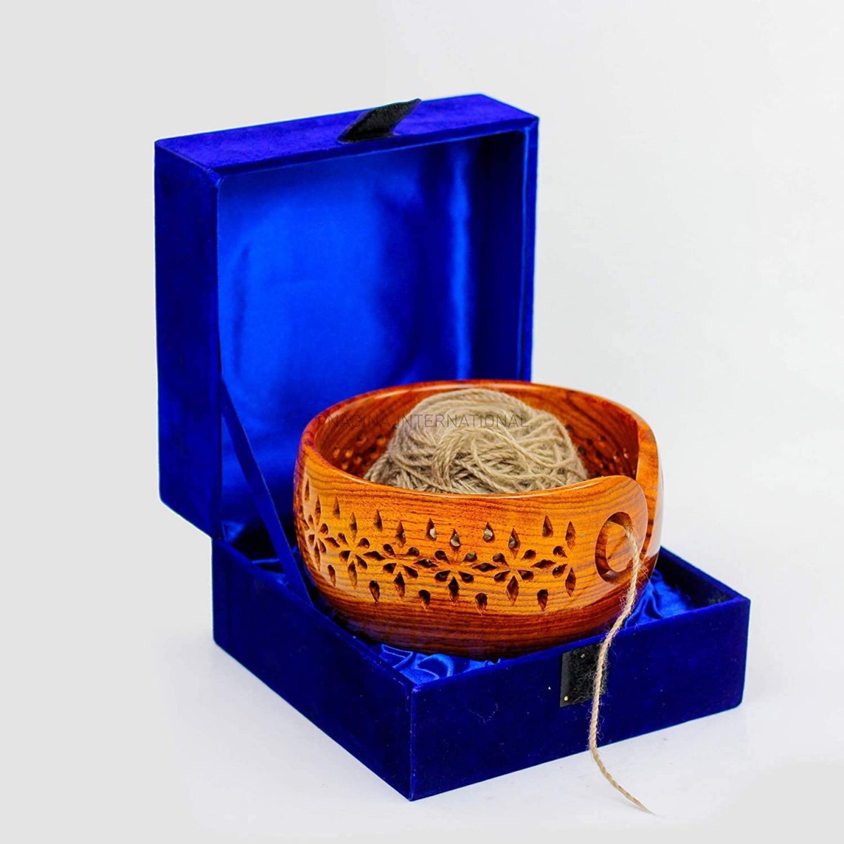 Nagina International Velvety Premium Selected Rosewood Yarn Storage Bowl Aka Dispenser for Knitting & Crocheting in Secured Velvet Pouched Case