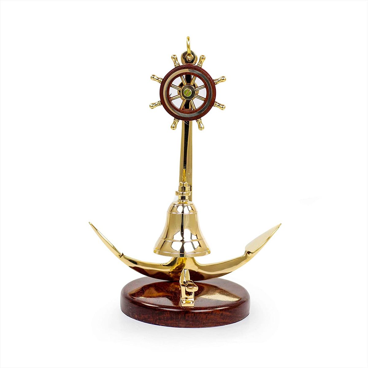 Anchor Studded with Nautical Ship Wheel Mounted Premium Polished Brass Desk Decor Yet Office Call Bell | Innovative New Gifts Ideas for Marine Lifestyle | Nagina International