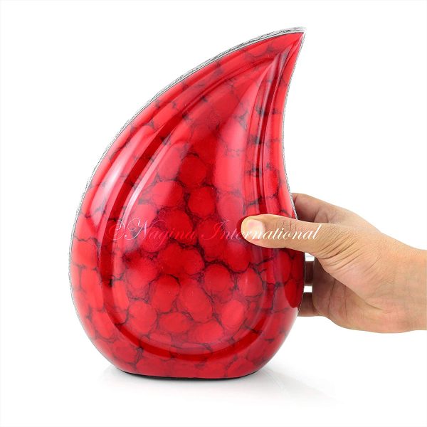 Nagina International 10" Teardrop Chiseled Aluminum Funeral Ashes Urn for Adults and Pets | Cremation Metal Storage with Lid (Red)