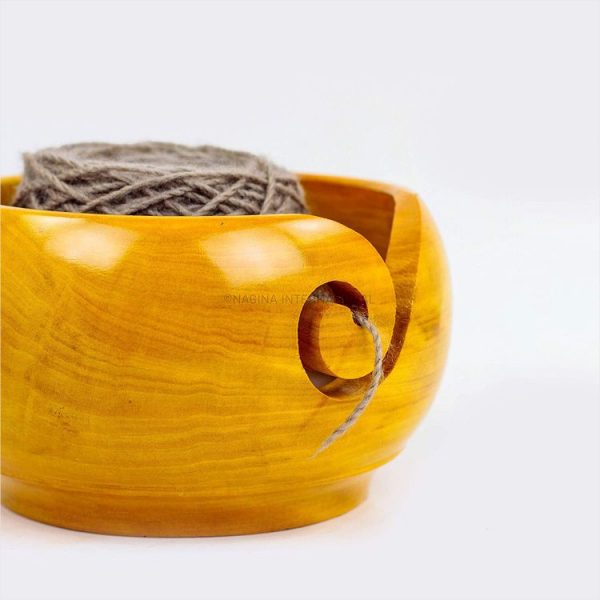 Nagina International Yellow Teak Wood Crafted Premium Portable Light Weight Knitting & Crochet Yarn Bowl | Stitch Accessories & Storage