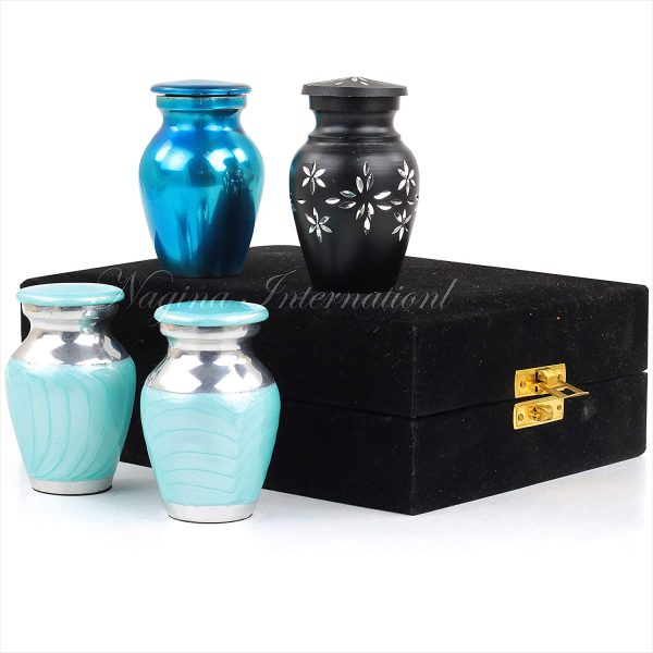 Nagina International Keepsake Funerary Urns for Human Ashes Set of 4 | Mini Funeral Cremation Pot with Velvet Box | Cremated Remains Storage Container (Color Burst)