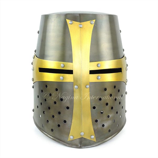 Nagina International Medieval Era Warrior Helmet | Barbuta Crusader Knight Templar Armour Greek Steel Centurion Helmet | Halloween LARP (Bronze Yellow)