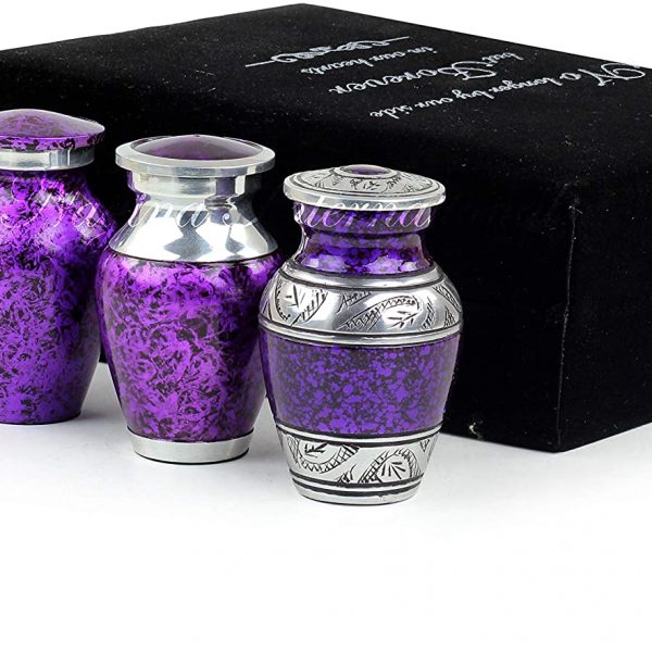 Nagina International Keepsake Funerary Urns for Human Ashes Set of 4 | Mini Funeral Cremation Pot with Velvet Box | Cremated Remains Storage Container (Lightning Purple)