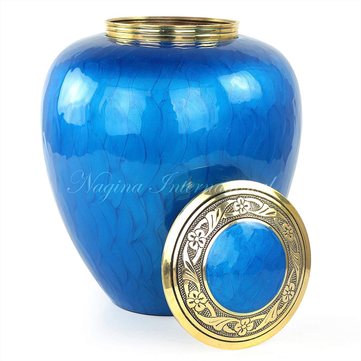 Nagina International 9.5" Blue Aluminum Metal Cremation Urns for Ashes & Mortal Remains with Golden Yellow Engraved Lid | Handmade Beautiful Urns for Humans and Pets (Finny Blue)