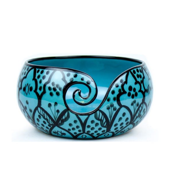 Ceramic Attractively Hand Painted Gorgeous Stoneware Yarn Ball Storage Bowl with Innovative Dispensing Curl | Knitting & Crochet Accessions | Nagina International (Greek Blue)