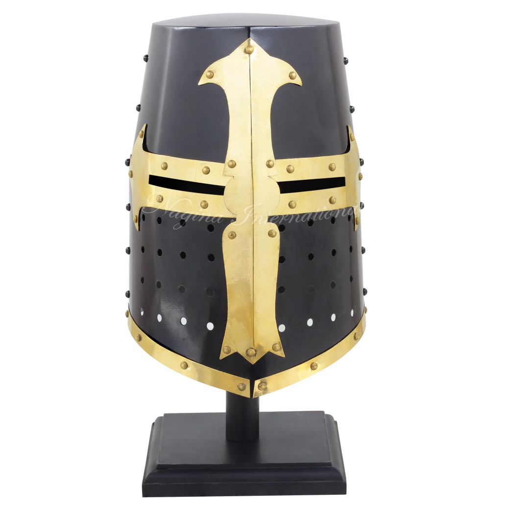 Medieval Knight Crusader Templar Helmet Black Mason Brass Cross | Halloween Party Costume Face Mask Helmets | LARP Black Armor Steel Helmets | Collectible Gifts Ideas | Adult Wearable