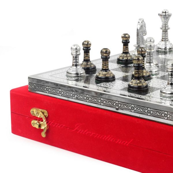 12" Solid Brass Classic Black Chess Set | Metal Chess Pieces with Large Brass Board | Beautiful Handcrafted Set | Abstract Strategy Tactic Board Games with Red Velvet Storage Case (Silver Board)