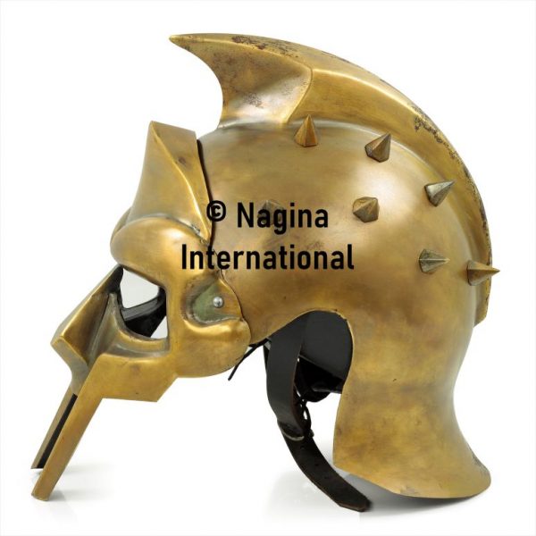 Great Mini Gladiator Maximus Helmet (Antique Brass) - Rennactor Helmet with Leather Strap | Halloween Props for Larpers | Cosplay & Halloween Face Mask Helmet