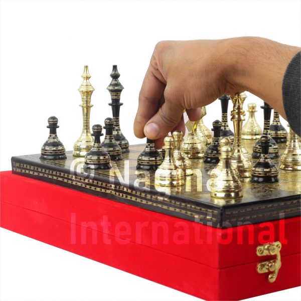 12" Solid Brass Classic Black Chess Set | Metal Chess Pieces with Large Brass Board | Beautiful Handcrafted Set | Abstract Strategy Tactic Board Games with Red Velvet Storage Case (Black & Gold)