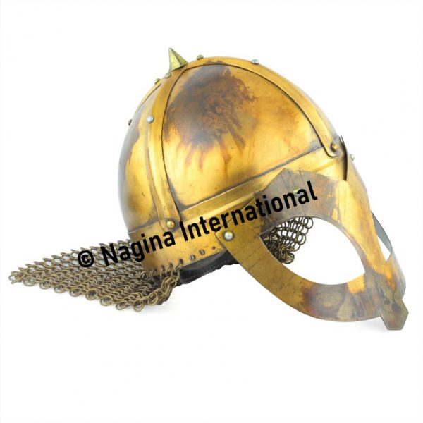 Panda Style Steel Silver Helmet Chain Mail | Medieval Warrior Wearable Armor Helmet | Leather Padded Lining| Roman Trojan Warrior Knight Spartan LARP Costume | Viking Norse Spectacle Helmet (Antique Brass)