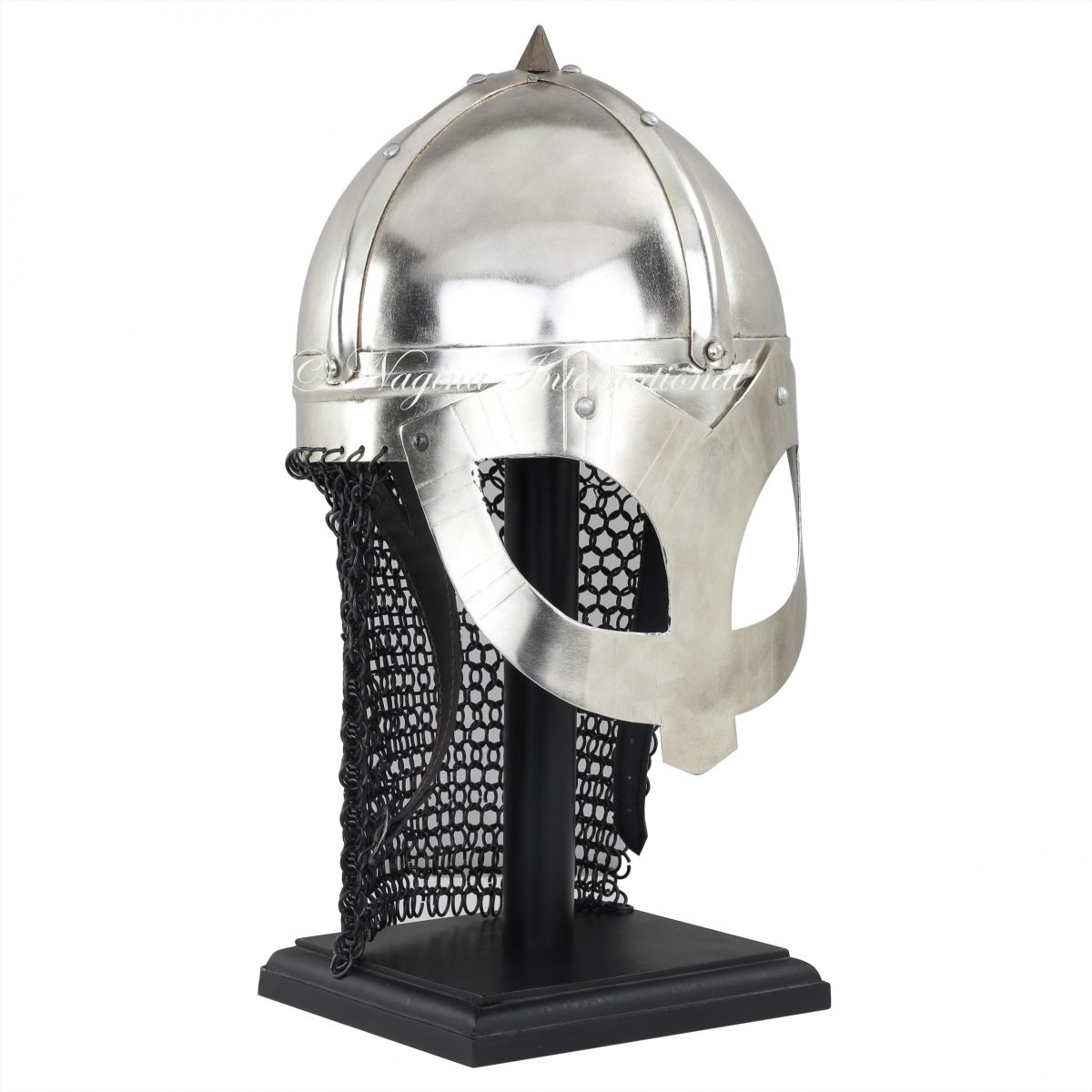 Panda Style Steel Silver Helmet with Chain Mail Attached Without Wooden Base | Medieval Warrior Wearable Armor Helmet | Leather Padded Lining| Roman Trojan Warrior Knight Spartan LARP Costume