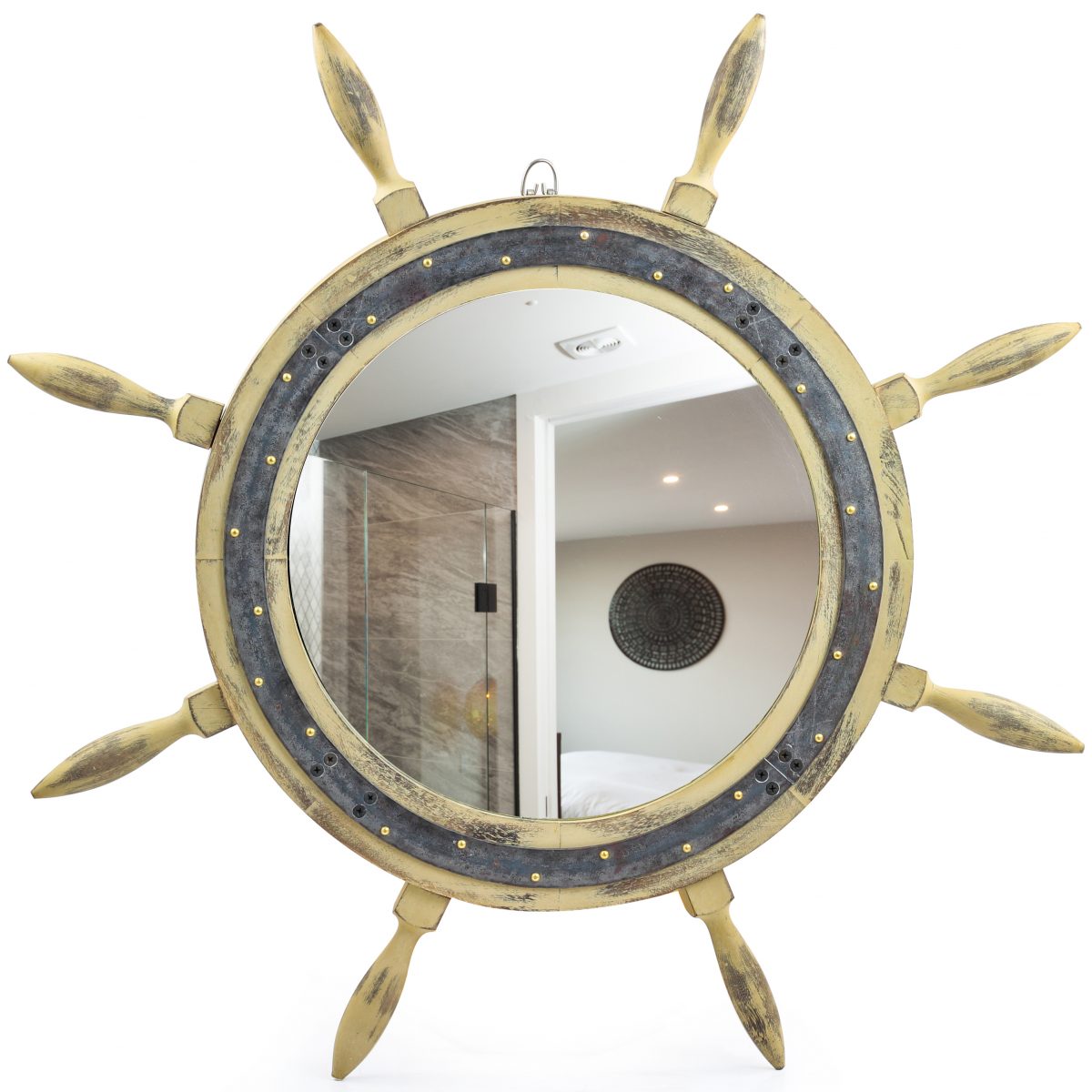 Nagina International 28" Ship Wheel Antique Rustic Off-White Iron Strip Textured Rudder | Nautical Pirate's Gift Idea | Costal & Beach Themed Room Wall Sculpture | Bathroom Mirror