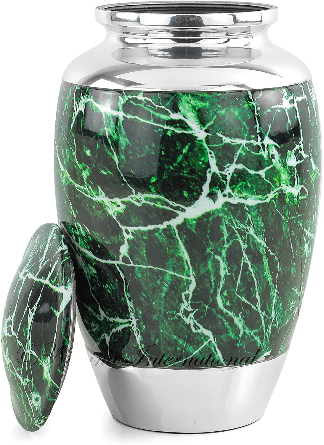 10" Aluminum Metal Cremation Urn for Cremated Human Ash Remains Storage | Beautiful Artwork Printed Funeral Pot & Cremation Jar (Nickel Green Marble)
