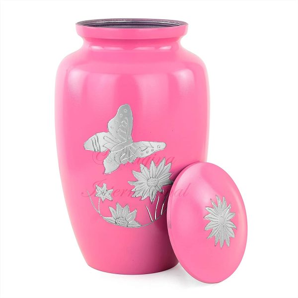 Aluminum Metal Cremation Urn for Cremated Human Ash Remains Storage | Beautiful Butterfly Artwork Engraved Funeral Pot & Cremation Jar (Burgeon Pink)